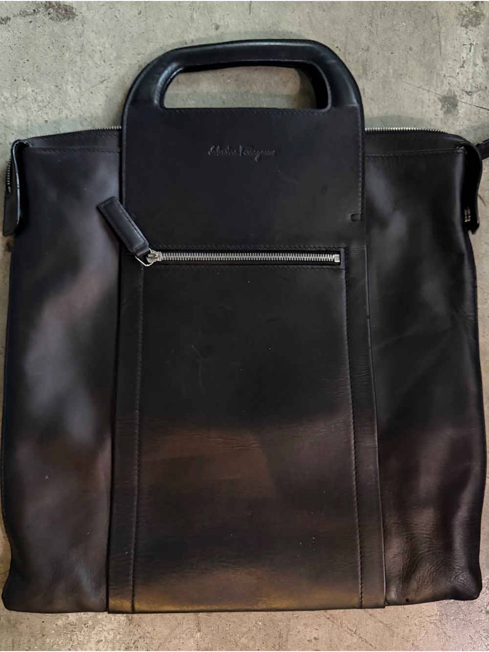 Vintage Salvatore Ferragamo Black Smooth Leather Cutout Top Handle Tote Bag